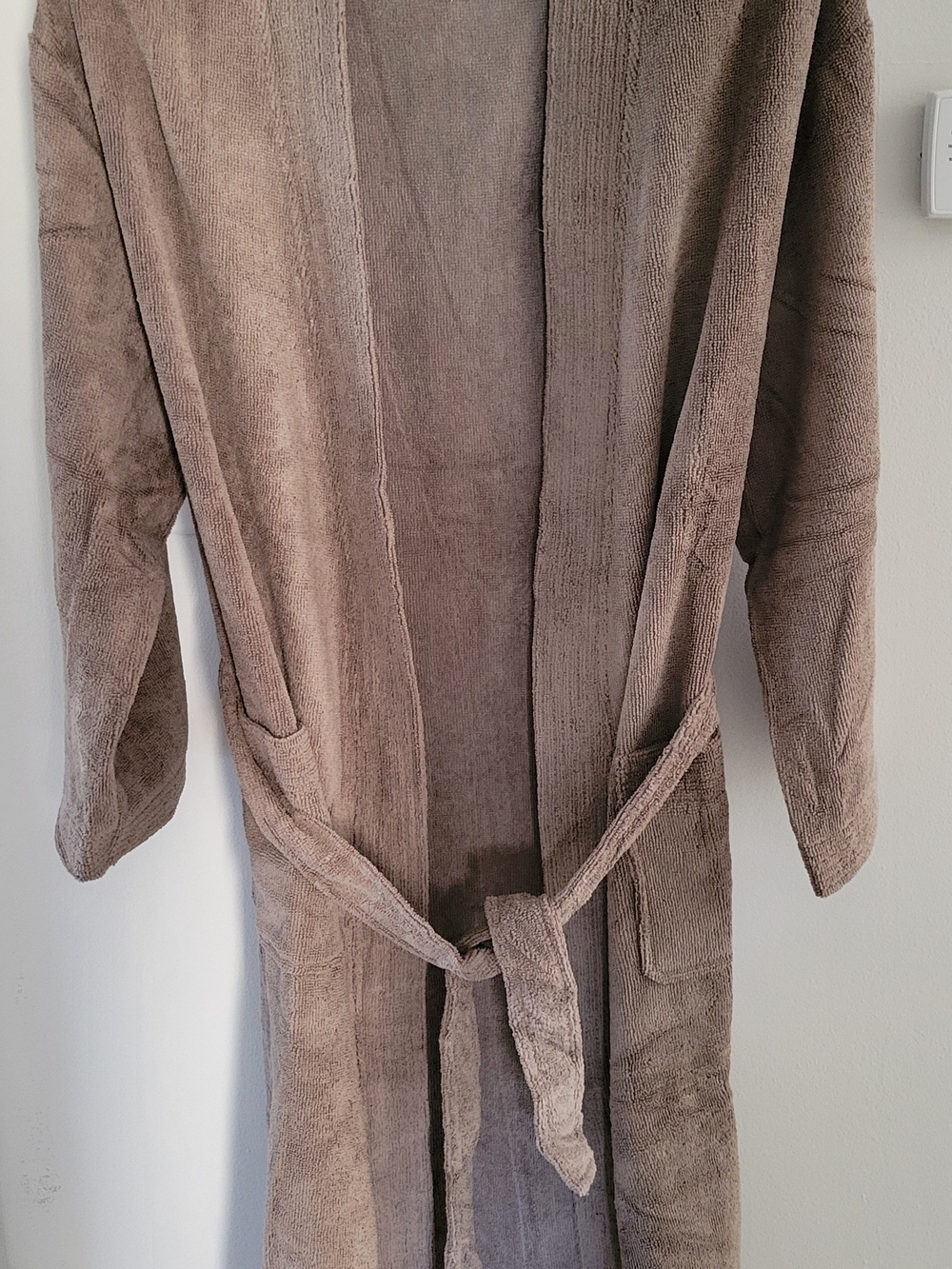 Plush Long-Sleeve Taupe Robe with Self-Tie Belt